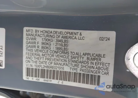 2024 Honda Civic Sport из США, поврежденный, VIN 19XFL2H86RE021916